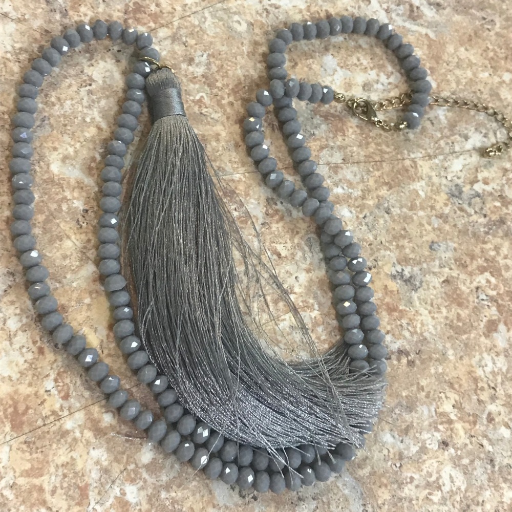 Gray Beaded Tassel Necklace Statement Necklace